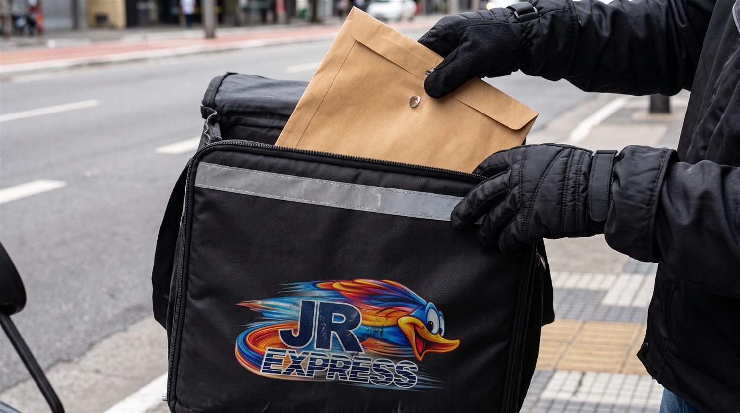 Portador da JR Express manuseando envelope lacrado e documento sigiloso