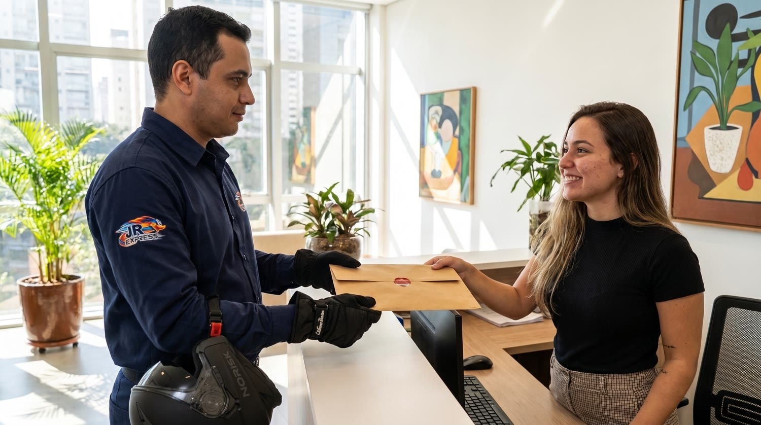 Portador da JR Express entregando documento a cliente com responsabilidade