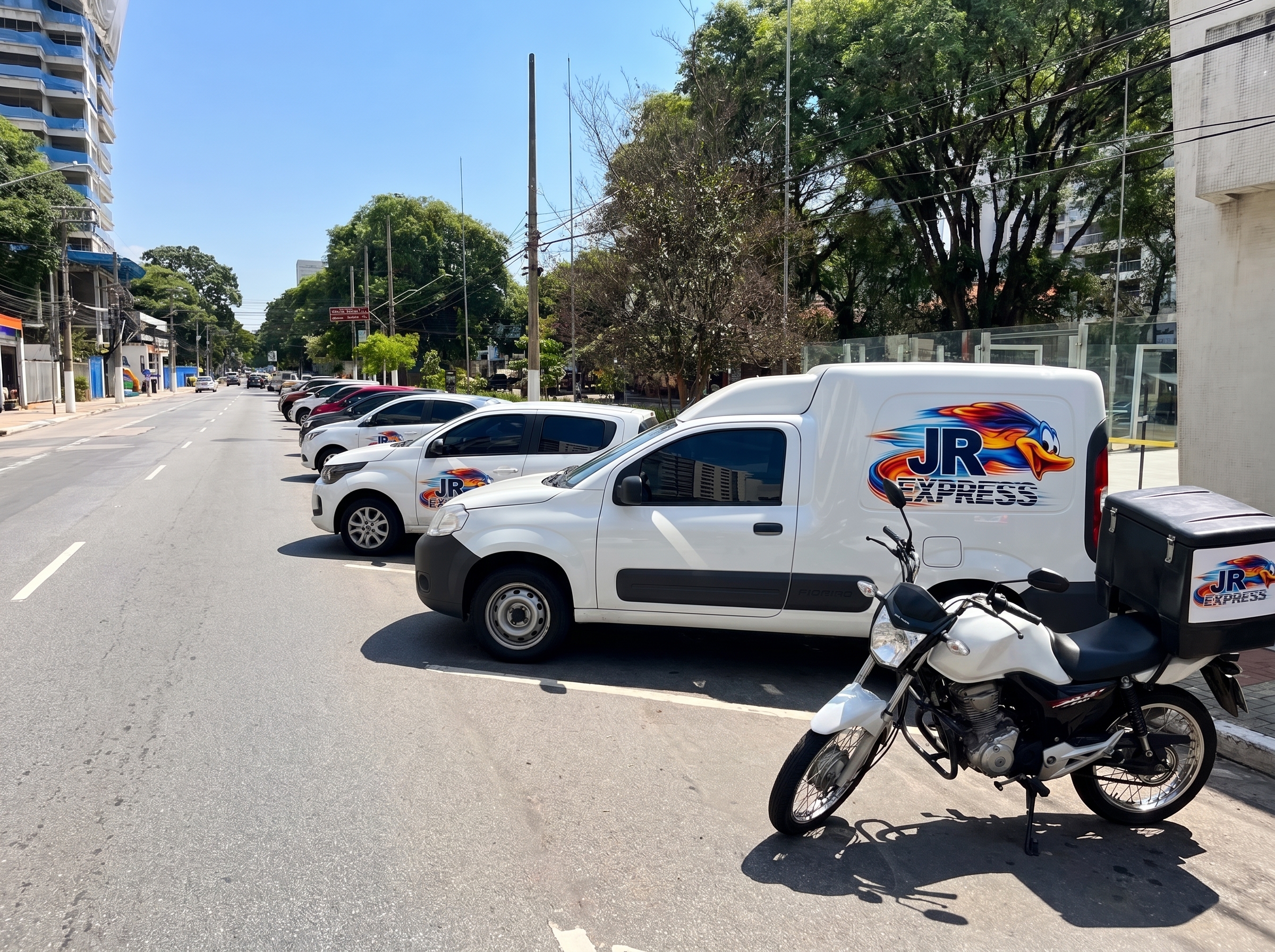 Frota da JR Express: motos, carro e utilitário em São Paulo